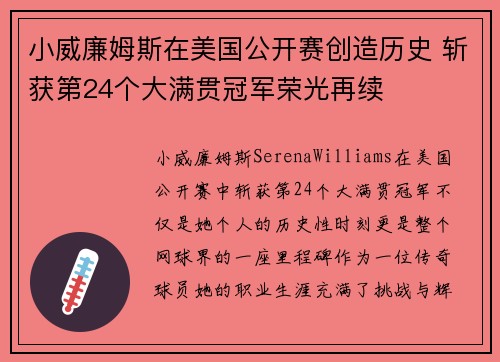 小威廉姆斯在美国公开赛创造历史 斩获第24个大满贯冠军荣光再续